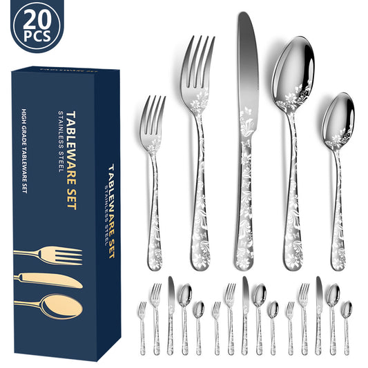 Silver Elegant 20-Piece Stainless Steel Cutlery Set with Floral Design - Dinner & Steak Knives, Forks, Spoons