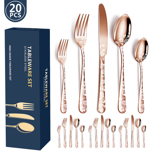 Rose Gold Elegant 20-Piece Stainless Steel Cutlery Set with Floral Design - Dinner & Steak Knives, Forks, Spoons