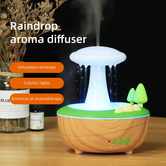 White Woodgrain Raindrop Mushroom Aroma Diffuser - 280mL Ultrasonic Humidifier with Colorful Lights - Mekamart Australia
