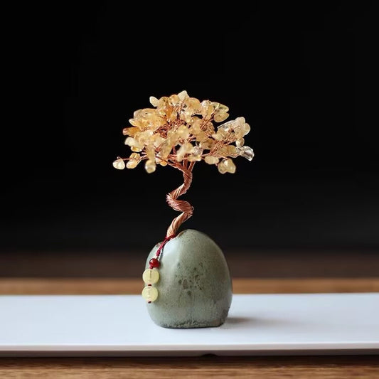 Yellow Crystal Natural Crystal Wealth Tree - 12cm Feng Shui Decor, Elegant Office Desk Ornament