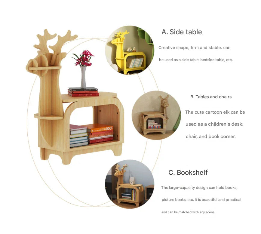 White Small Creative Reindeer-Shaped Solid Wood Bookshelf for Kids - Mekamart Australia