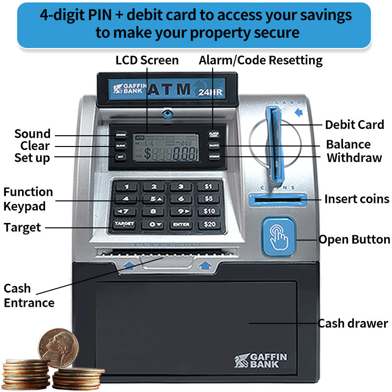 Kids ATM Savings Bank - Electronic Piggy Bank with Debit Card, PIN(black)