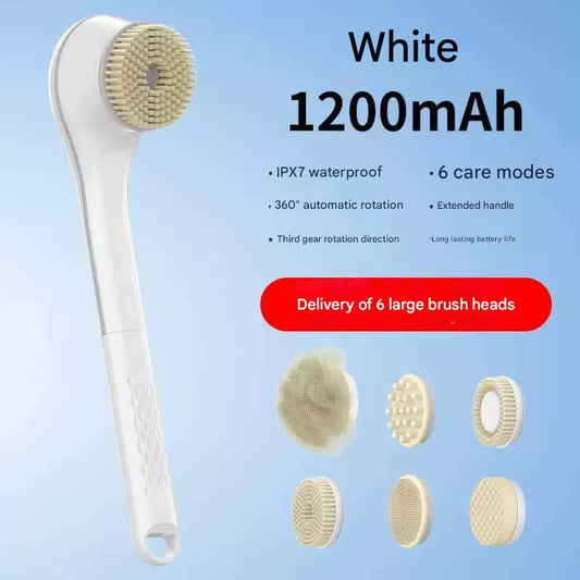 Rechargeable Electric Body Brush & Back Scrubber - 6 Heads, IPX7 Waterproof(white)