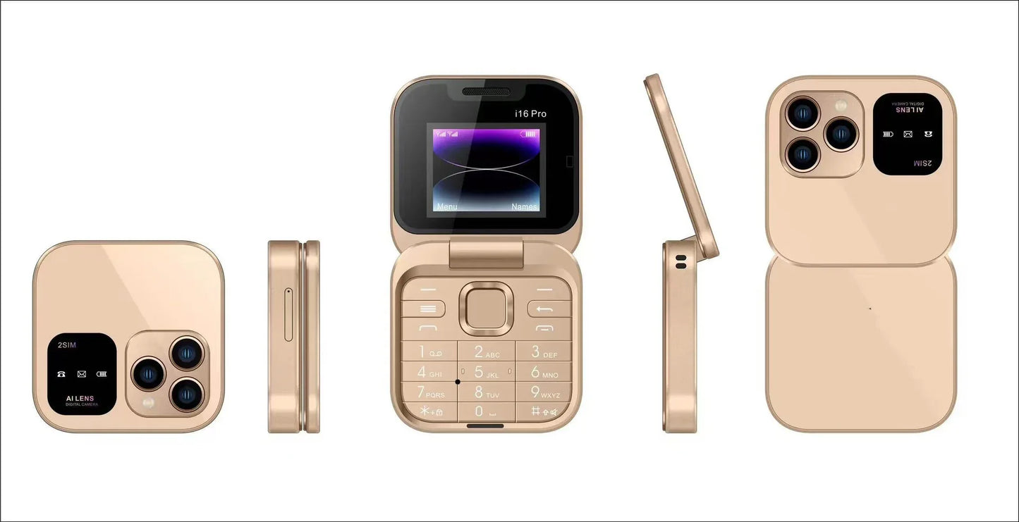 i16 Pro Mini Flip Phone - Dual SIM, AI Lens Digital Camera, Compact & Stylish Design(Gold) - Mekamart Australia