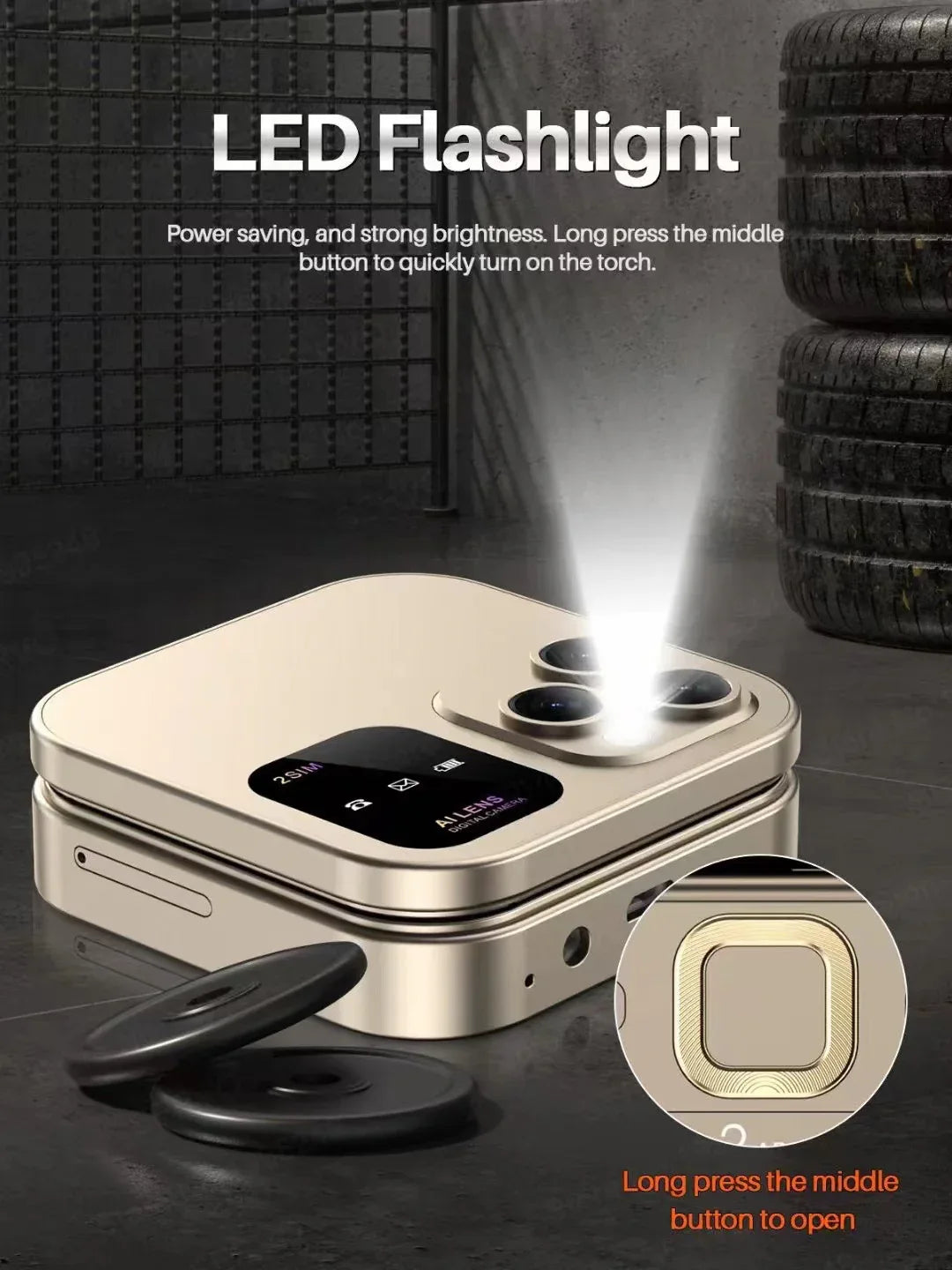 i16 Pro Mini Flip Phone - Dual SIM, AI Lens Digital Camera, Compact & Stylish Design(Gold) - Mekamart Australia