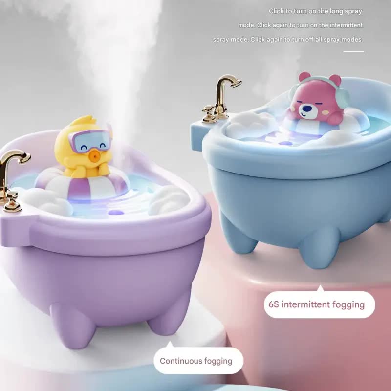 Adorable Bathtub Humidifier with Colorful Night Light - USB-C, 340ml, Auto Shut-Off(Pink Rabbit)