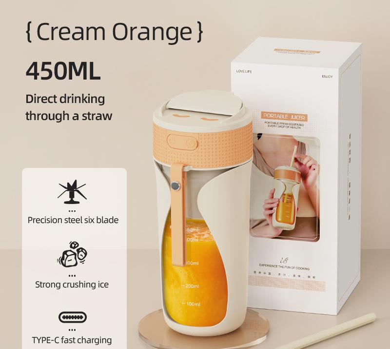 Portable Wireless Juicing Cup - 450ml, 6-Blade Ice Crusher, USB-C Fast Charging Smoothie Blender(orange)