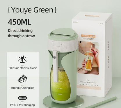 Portable Wireless Juicing Cup - 450ml, 6-Blade Ice Crusher, USB-C Fast Charging Smoothie Blender(green)