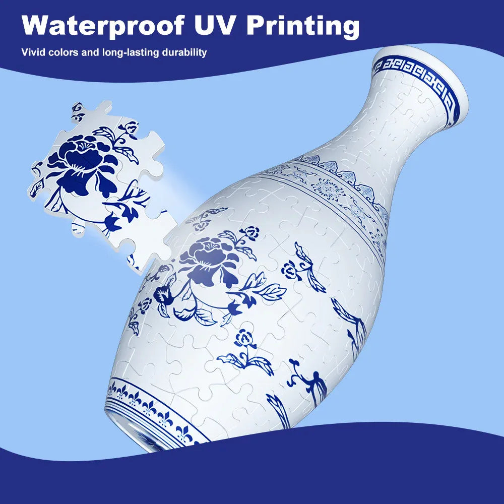 Unique 3D Puzzle Vase with Built-in Water Holder - Fun DIY Project (Blue and White) - Mekamart Australia
