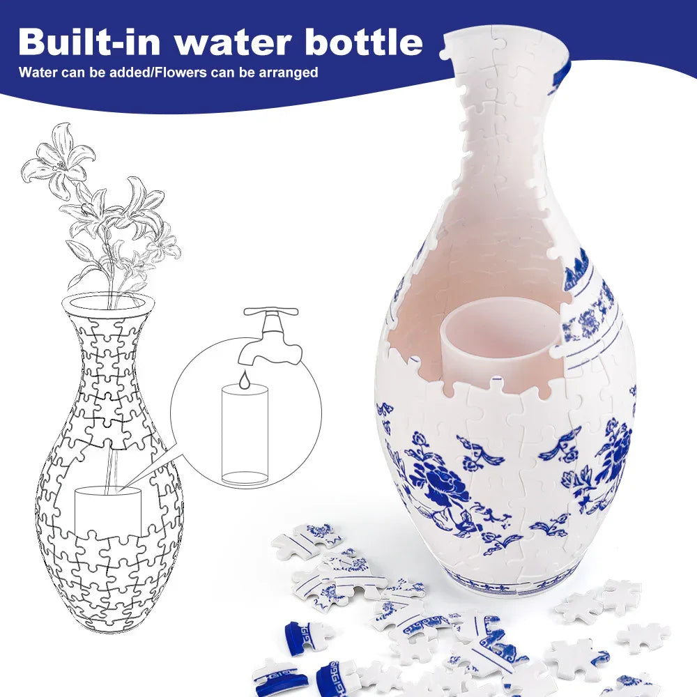 Unique 3D Puzzle Vase with Built-in Water Holder - Fun DIY Project (Blue and White) - Mekamart Australia