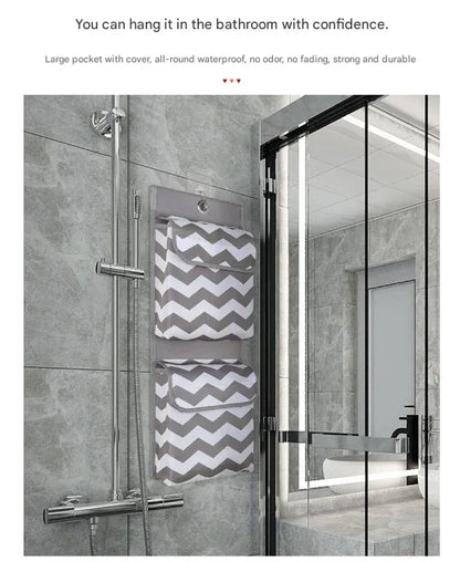 Grey And White Chic Chevron 2-Pocket Hanging Storage Organizer with Lids - Waterproof Oxford Cloth Wall & Door Mount - Mekamart Australia