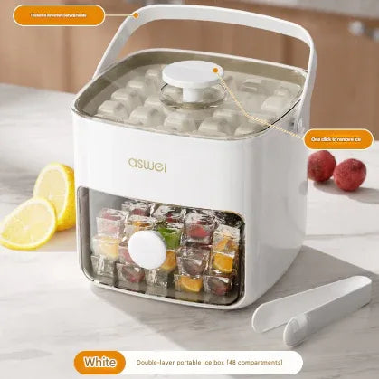 White Innovative Press-Release Ice Cube Maker - Dual Layer Trays & Storage Bin (48 Cubes) - Mekamart Australia