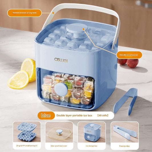 Blue Innovative Press-Release Ice Cube Maker - Dual Layer Trays & Storage Bin (48 Cubes)