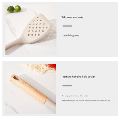 Beige Elegant 7-Piece Silicone Kitchen Utensil Set with Wooden Handles & Rose Gold Stand - Non-Stick Cookware Safe