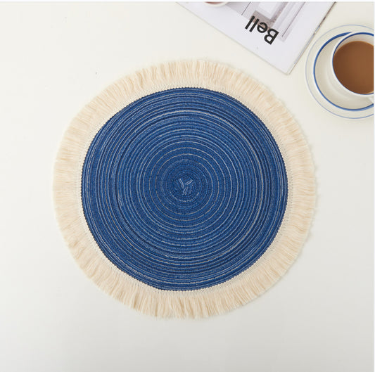 Blue Chic Round Woven Placemats with Tassel Fringe - Set of 4, Cotton Ramie Blend, Heat Resistant Table Mats