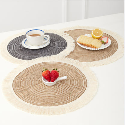 Brown Chic Round Woven Placemats with Tassel Fringe - Set of 4, Cotton Ramie Blend, Heat Resistant Table Mats