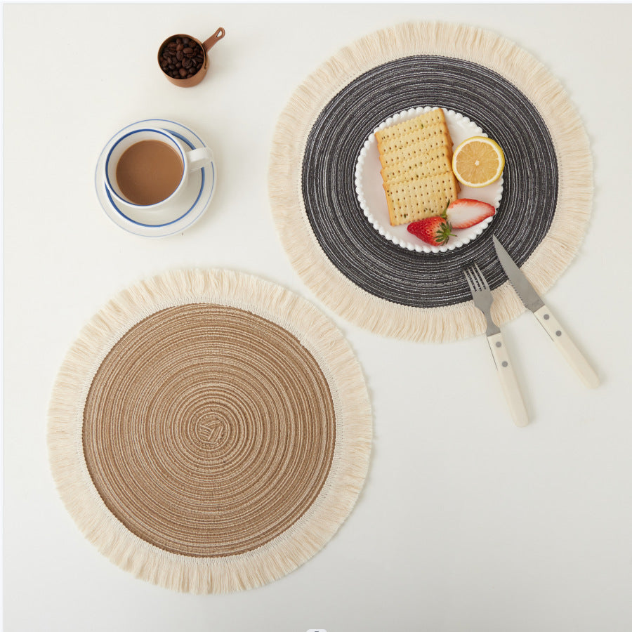 Brown Chic Round Woven Placemats with Tassel Fringe - Set of 4, Cotton Ramie Blend, Heat Resistant Table Mats