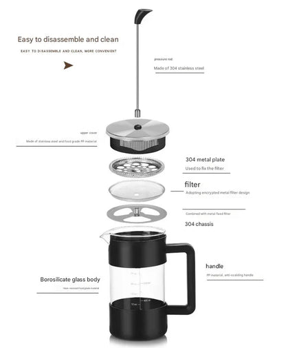 Black Classic 1000ml French Press Coffee & Tea Maker - Heat Resistant Borosilicate Glass, Stainless Steel Filter