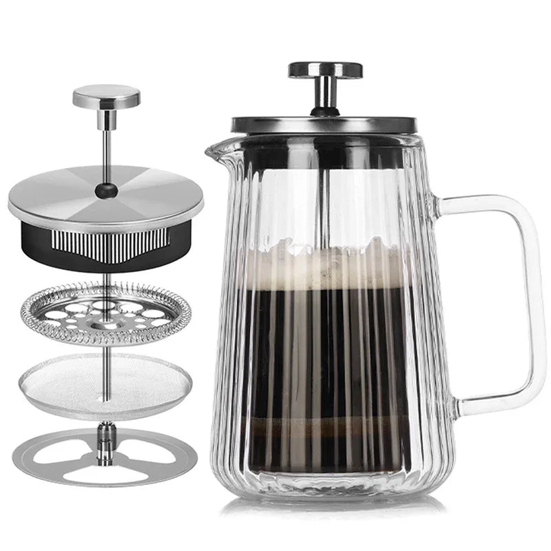 Transparent Elegant Ribbed Double Wall Glass French Press - 350ml Heat Resistant Coffee and Tea Maker with Stainless Steel Filter - Mekamart Australia