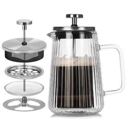 Transparent Elegant Ribbed Double Wall Glass French Press - 350ml Heat Resistant Coffee and Tea Maker with Stainless Steel Filter - Mekamart Australia