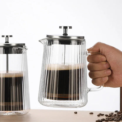 Transparent Elegant Ribbed Double Wall Glass French Press - 350ml Heat Resistant Coffee and Tea Maker with Stainless Steel Filter - Mekamart Australia