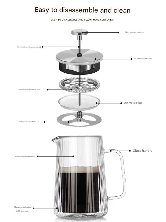 Transparent Elegant Ribbed Double Wall Glass French Press - 350ml Heat Resistant Coffee and Tea Maker with Stainless Steel Filter - Mekamart Australia