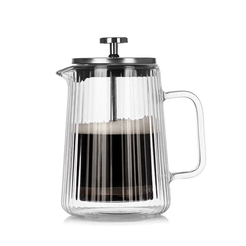 Transparent Elegant Ribbed Double Wall Glass French Press - 650ml Heat Resistant Coffee and Tea Maker with Stainless Steel Filter