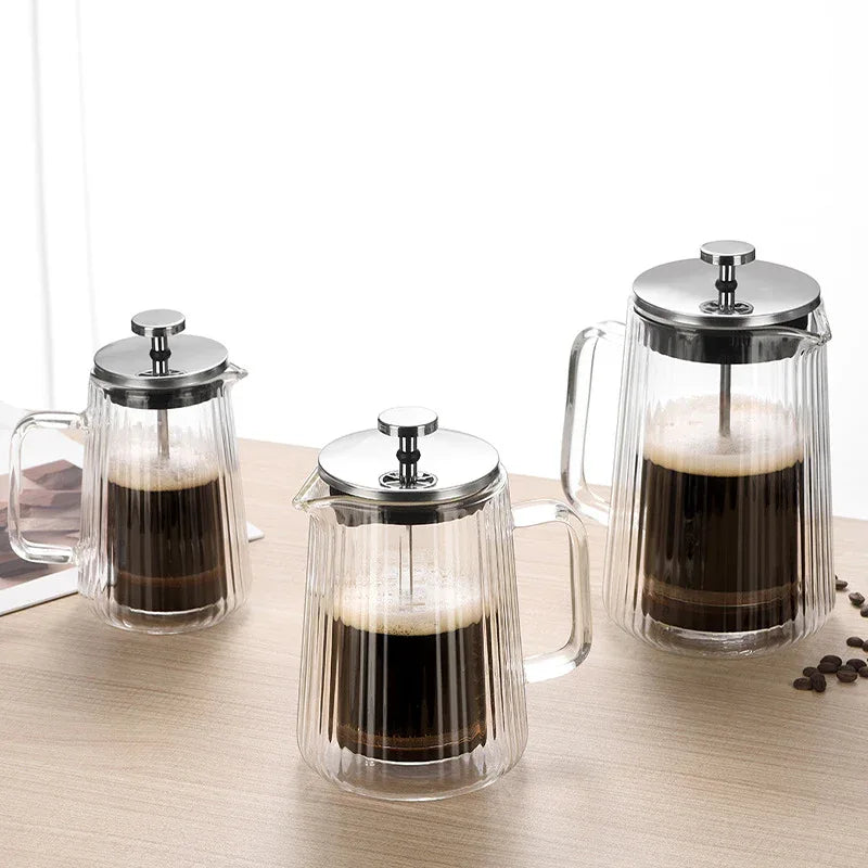 Transparent Elegant Ribbed Double Wall Glass French Press - 1000ml Heat Resistant Coffee and Tea Maker with Stainless Steel Filter