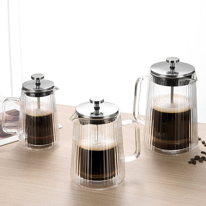Transparent Elegant Ribbed Double Wall Glass French Press - 1000ml Heat Resistant Coffee and Tea Maker with Stainless Steel Filter
