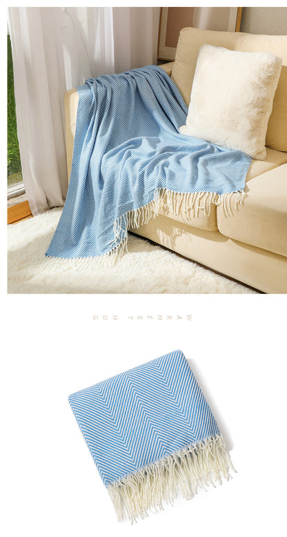 Blue Elegant Herringbone Tassel Throw Blanket - Large Acrylic Faux Cashmere Soft Cozy Blanket for Sofa, Bed & Decor (130x240cm)