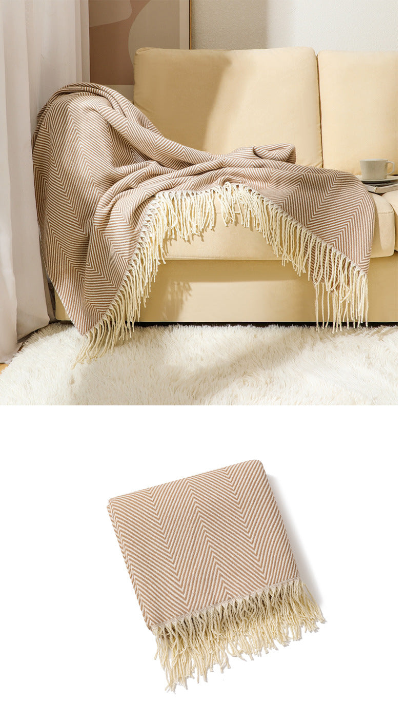 Khaki Elegant Herringbone Tassel Throw Blanket - Large Acrylic Faux Cashmere Soft Cozy Blanket for Sofa, Bed & Decor (130x240cm)