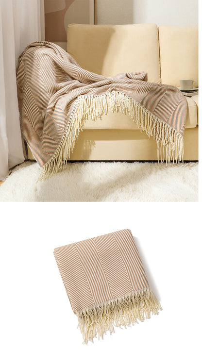 Khaki Elegant Herringbone Tassel Throw Blanket - Large Acrylic Faux Cashmere Soft Cozy Blanket for Sofa, Bed & Decor (130x240cm)