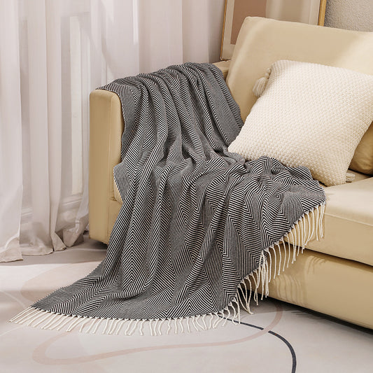 Black Elegant Herringbone Tassel Throw Blanket - Large Acrylic Faux Cashmere Soft Cozy Blanket for Sofa, Bed & Decor (130x240cm)