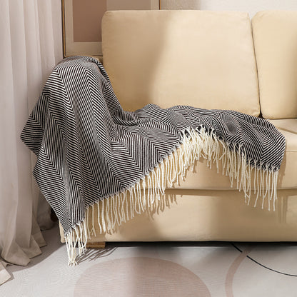 Black Elegant Herringbone Tassel Throw Blanket - Large Acrylic Faux Cashmere Soft Cozy Blanket for Sofa, Bed & Decor (130x240cm)