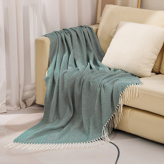 Green Elegant Herringbone Tassel Throw Blanket - Large Acrylic Faux Cashmere Soft Cozy Blanket for Sofa, Bed & Decor (130x240cm)