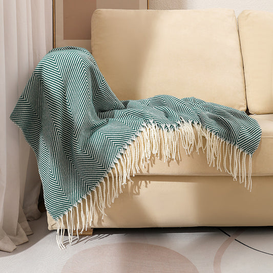 Green Elegant Herringbone Tassel Throw Blanket - Large Acrylic Faux Cashmere Soft Cozy Blanket for Sofa, Bed & Decor (130x240cm)