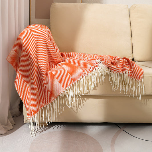 Orange Elegant Herringbone Tassel Throw Blanket - Large Acrylic Faux Cashmere Soft Cozy Blanket for Sofa, Bed & Decor (130x240cm)