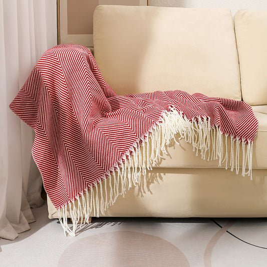 Red Elegant Herringbone Tassel Throw Blanket - Large Acrylic Faux Cashmere Soft Cozy Blanket for Sofa, Bed & Decor (130x240cm)
