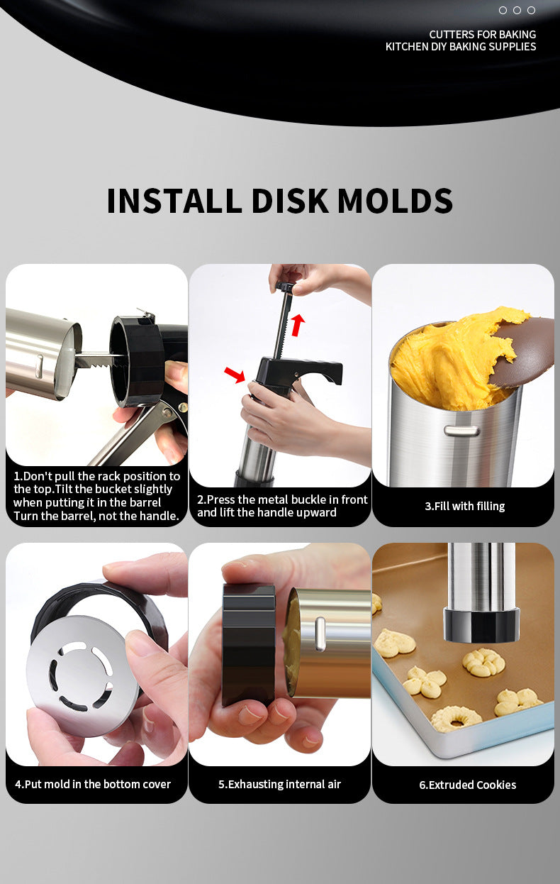 Silver and Black Stainless Steel Cookie Press Gun Kit - Biscuit Maker & Icing Decorating Set with 13 Discs & 8 Nozzles