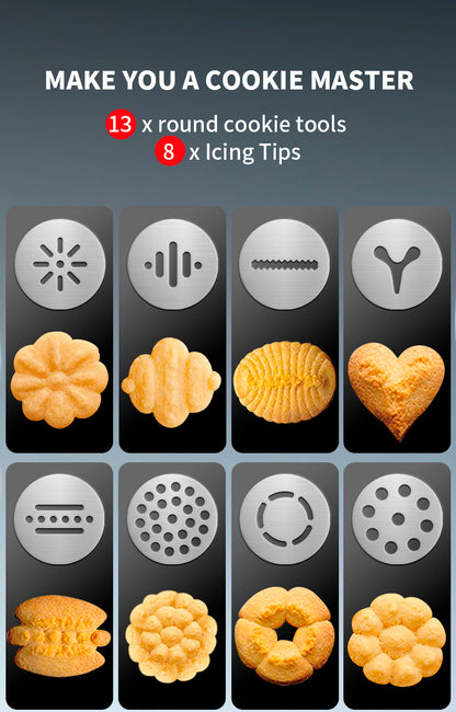 Silver and Black Stainless Steel Cookie Press Gun Kit - Biscuit Maker & Icing Decorating Set with 13 Discs & 8 Nozzles