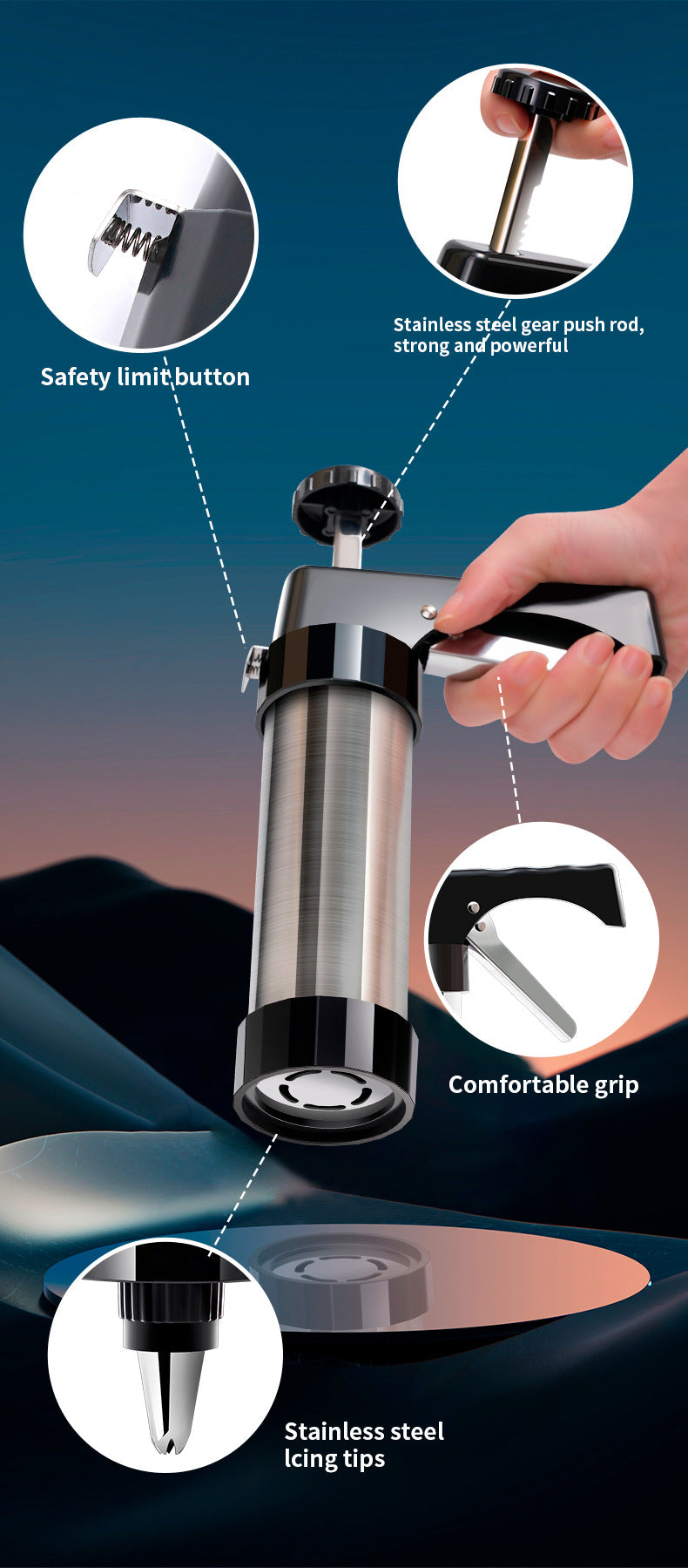 Silver and Black Stainless Steel Cookie Press Gun Kit - Biscuit Maker & Icing Decorating Set with 13 Discs & 8 Nozzles