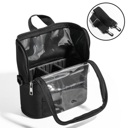 Black Professional Makeup Bag Organizer - Large Capacity Travel Cosmetic Case with Brush Holder, Adjustable Dividers & Shoulder Strap