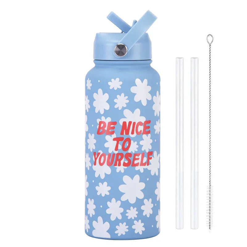 Style 19A Blue and White Plaid Vibrant Fun Print 1L Stainless Steel Insulated Water Bottle - 32oz Large Capacity with Straw Lid & Carry Handle - BPA-Free - Mekamart Australia