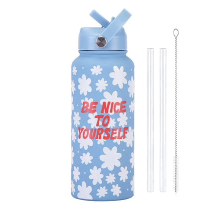 Style 19A Blue and White Plaid Vibrant Fun Print 1L Stainless Steel Insulated Water Bottle - 32oz Large Capacity with Straw Lid & Carry Handle - BPA-Free - Mekamart Australia