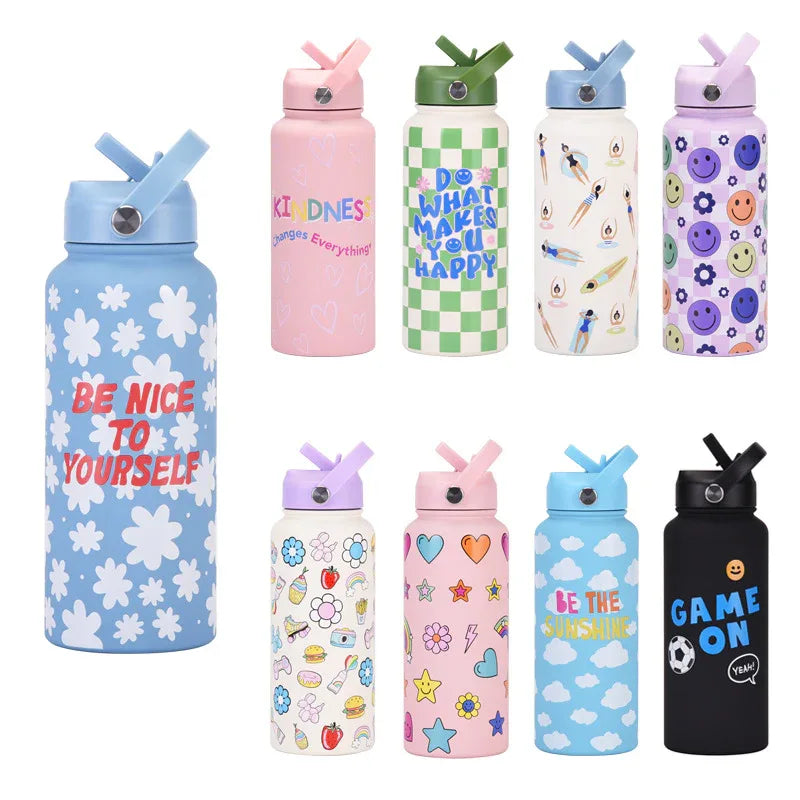 Style 19A Blue and White Plaid Vibrant Fun Print 1L Stainless Steel Insulated Water Bottle - 32oz Large Capacity with Straw Lid & Carry Handle - BPA-Free - Mekamart Australia