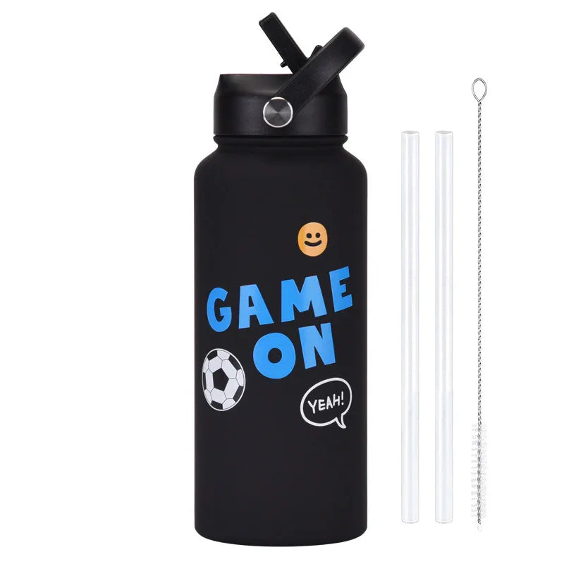 Style 9B Black Vibrant Fun Print 1L Stainless Steel Insulated Water Bottle - 32oz Large Capacity with Straw Lid & Carry Handle - BPA-Free - Mekamart Australia