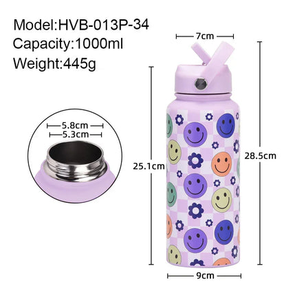 Style 9B Black Vibrant Fun Print 1L Stainless Steel Insulated Water Bottle - 32oz Large Capacity with Straw Lid & Carry Handle - BPA-Free - Mekamart Australia