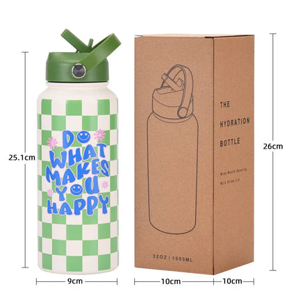 Style 9B Black Vibrant Fun Print 1L Stainless Steel Insulated Water Bottle - 32oz Large Capacity with Straw Lid & Carry Handle - BPA-Free - Mekamart Australia