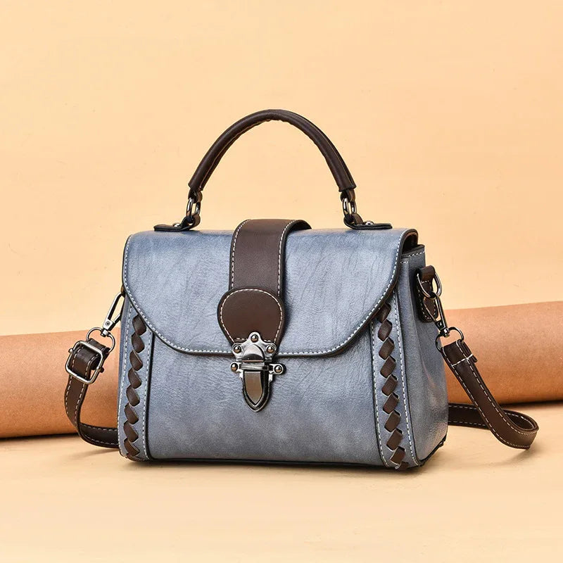 Blue Elegant Women's PU Leather Top Handle Satchel - Versatile Crossbody Bag with Classic Clasp & Braided Detail - Mekamart Australia