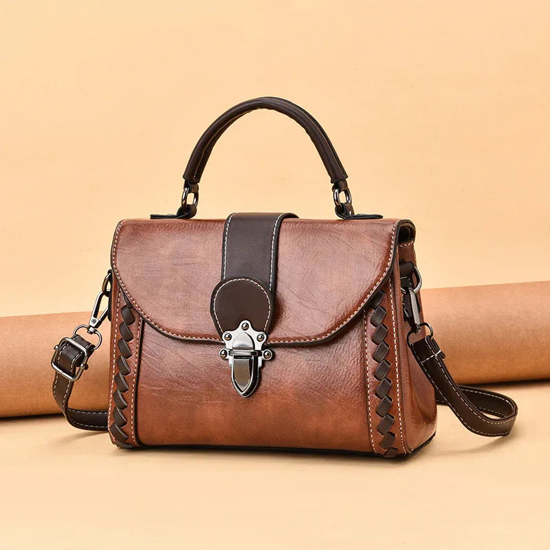 Brown Elegant Women's PU Leather Top Handle Satchel - Versatile Crossbody Bag with Classic Clasp & Braided Detail - Mekamart Australia